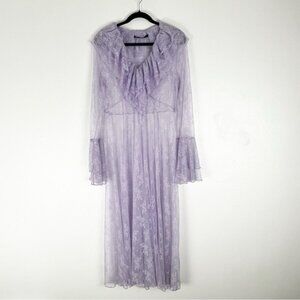 TOV Lavender Sheer Lace Long Bell Sleeves Tiered V-Neck Maxi Dress, Size EU42